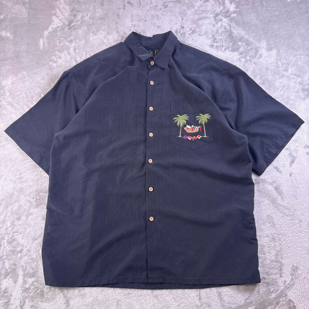 Bamboo Cay Santa’s Hula Lounge Hawaiian Shirt Men XL Black Embroidered Christmas